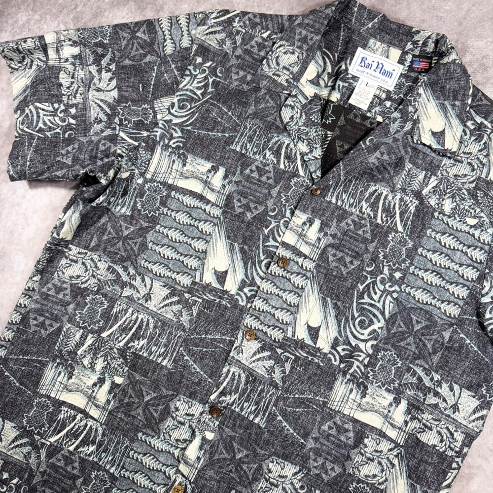 Kai Nani Hawaiian Shirt Mens Large Black Grey Tribal Tropical Made in Hawaii